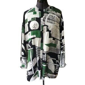 Kenar Button-Front Top Tunic Long-Sleeve Crew-Neck Green/Cream/Black Print S Ray